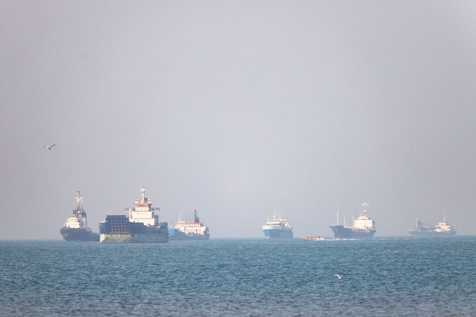 Vessels are pictured in the Strait of Hormuz near Bandar Abbas, Iran, on May 4, 2026.