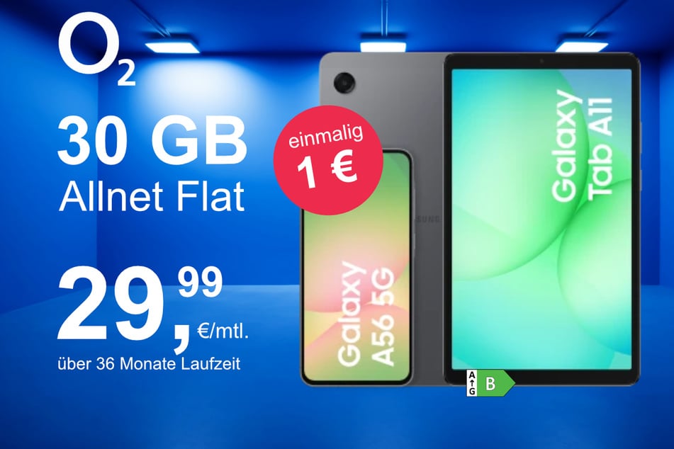 Das Samsung Galaxy A56 5G + Galaxy Tab A11 WiFi im o2 Mobile M für einmalig 1 Euro.