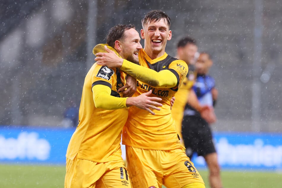 Lucas Cueto (l.) traf beim 2:0-Sieg der SGD in Mannheim am 23. Januar 2024. Es war das letzte Aufeinandertreffen vor der heutigen Begegnung.