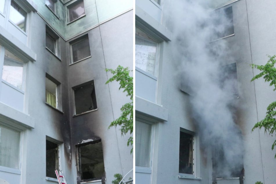 Nach Aufsteigen der Rauchwolke aus der betroffenen Wohnung im Erdgeschoss blieben ordentliche Spuren an der Hausfassade übrig.