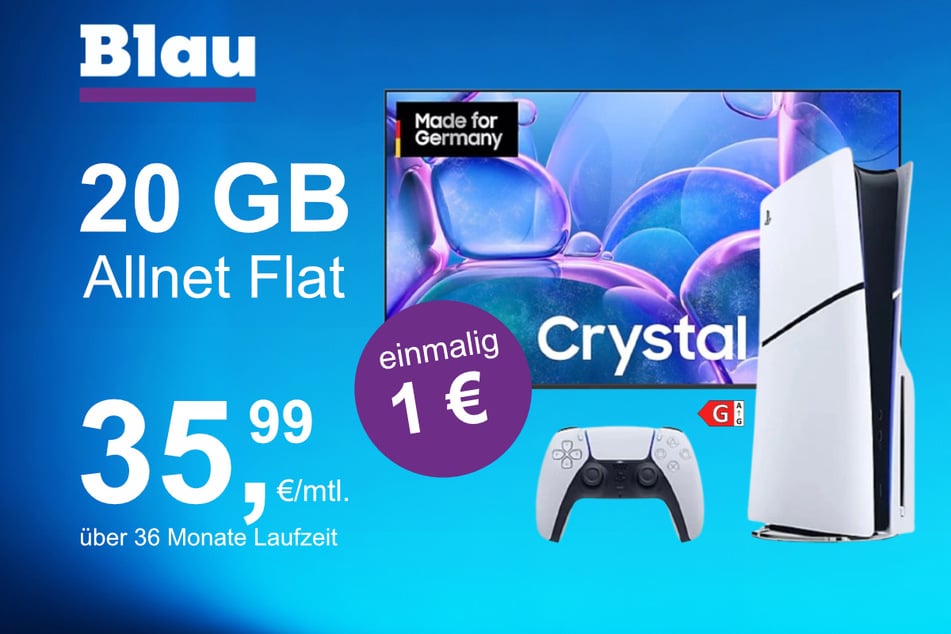 Der 65-Zoll Samsung UHD-TV plus PS5 Digital Slim Edition im Blau Allnet M inkl. 20 GB für einmalig nur 1 Euro.