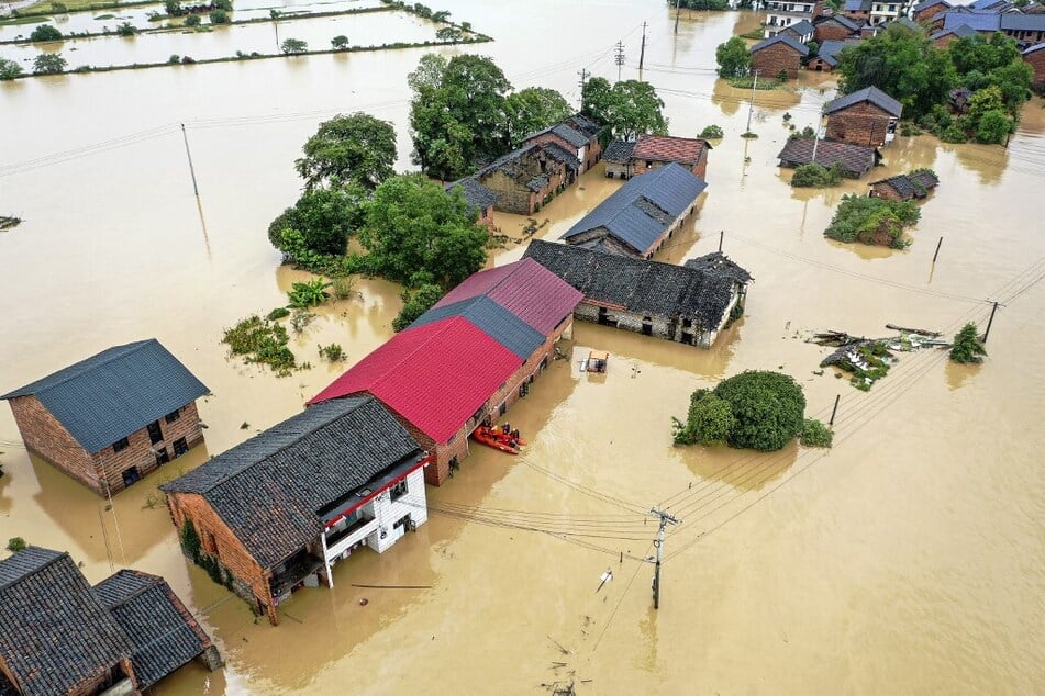 A flood-affected village following heavy rains caused by Typhoon Gaemi in Zixing, in central China's Hunan province.