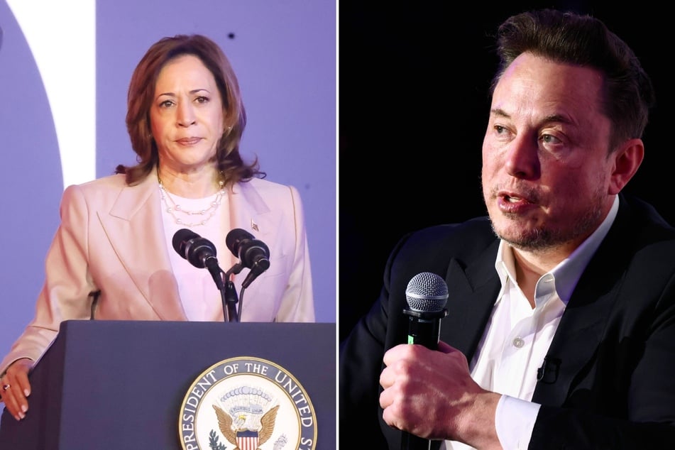 Billionaire Elon Musk (r.) called out Vice President Kamala Harris (l.) on social media, accusing her of "lying" about Donald Trump's policy positions.
