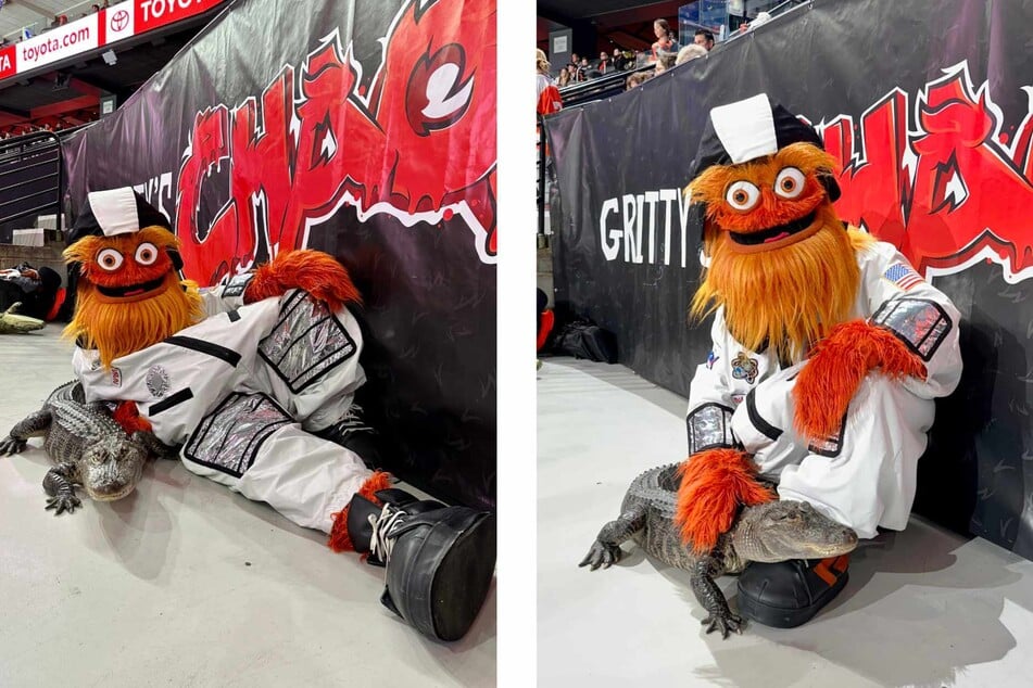 Gritty befriends emotional support alligator at Flyers-Hurricanes game
