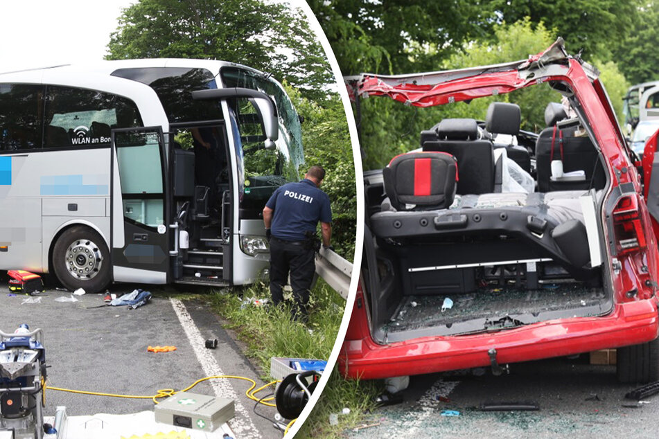 Kleinbus kracht in Reisebus: 41 Verletzte, Straße dicht, Rettungs-Hubschrauber im Einsatz