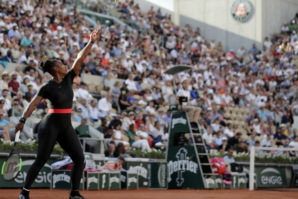 Serena Williams at the 2018 French Open wearing her medically designed catsuit.