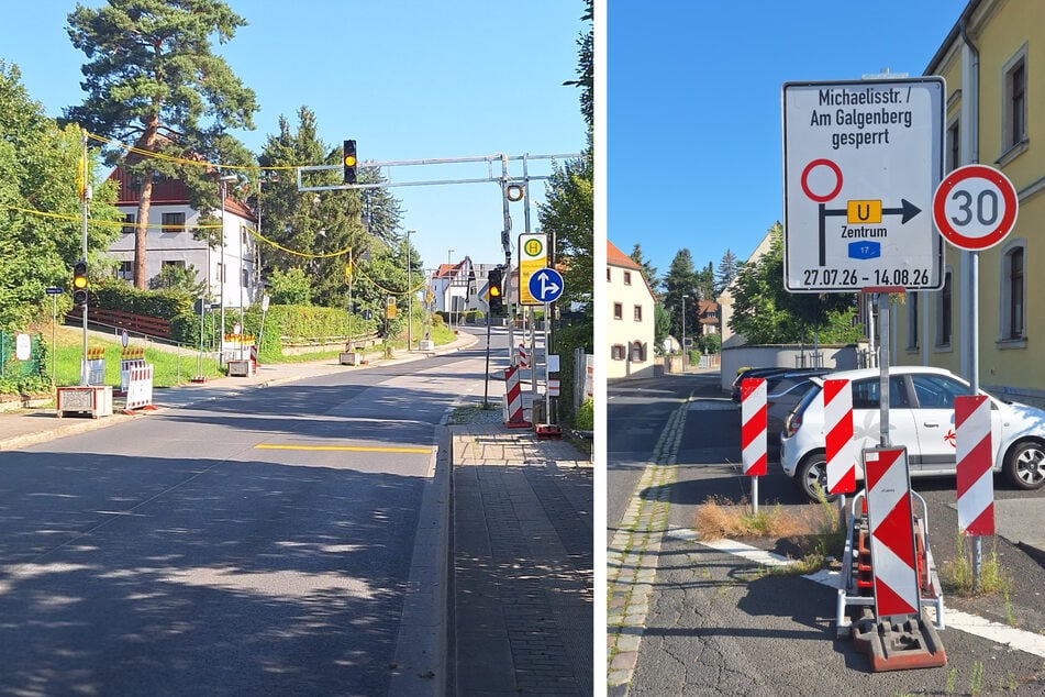 Zur Verkehrsregelung wurden an der Straße Am Galgenberg auf Höhe des Hänichenwegs Ampelanlagen installiert.