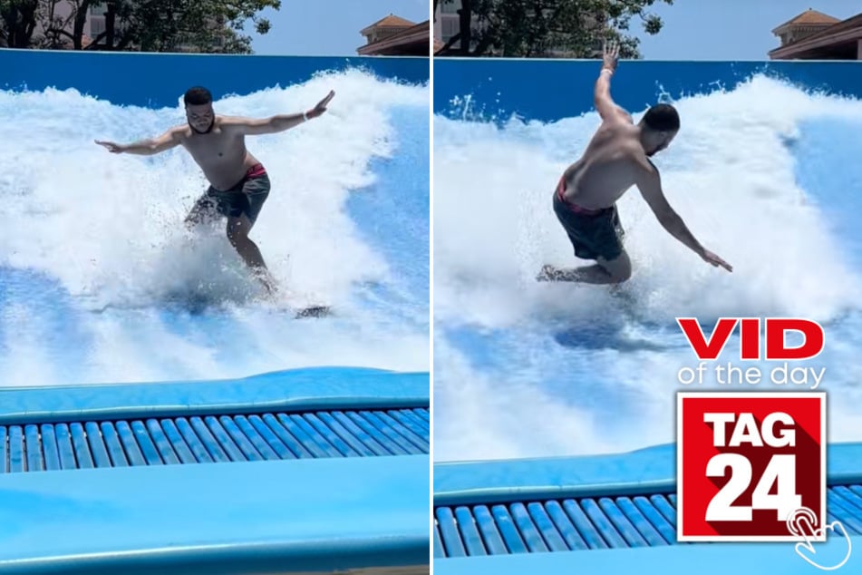 TikToker Leon's surfing session took a wild turn when he wiped out on a wave simulator - and lost his swim trunks in the process!