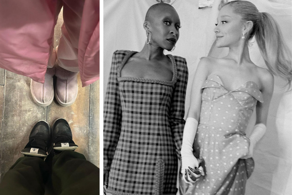 Ariana Grande (r.) has uploaded new Instagram photos with co-star Cynthia Erivo on the set of Wicked.