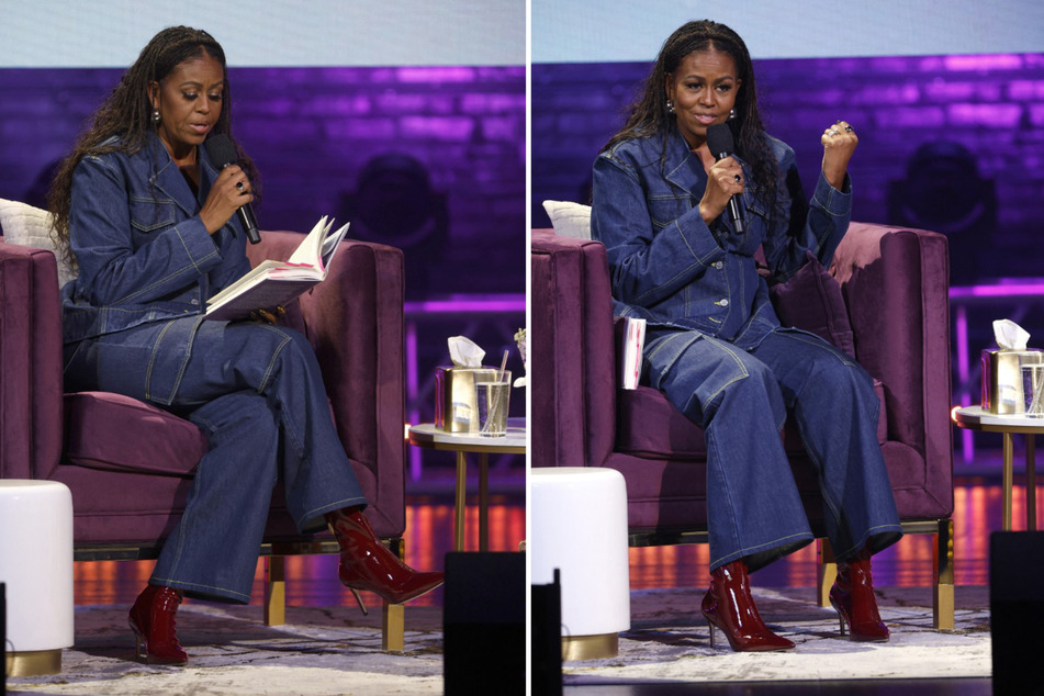 Former First Lady Michelle Obama reads from and discusses her new memoir during the Michelle Obama: The Light We Carry Tour at Warner Theatre on November 15 in Washington DC.
