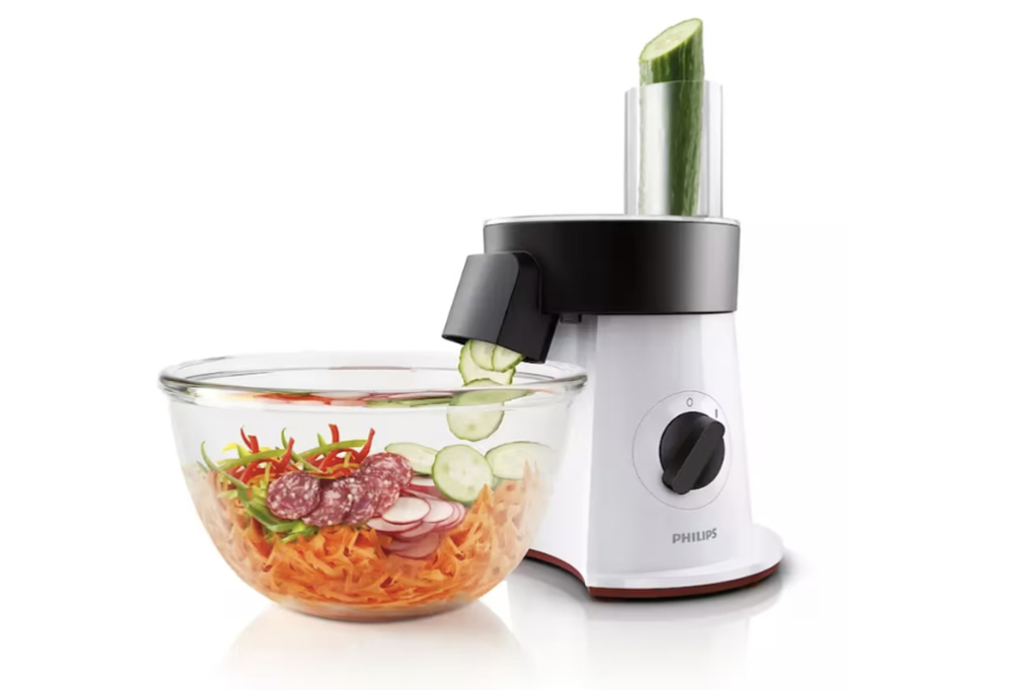 Der Salad-Maker von Philips wird mit fünf Scheiben für Schneiden, Raspeln und Zerkleinern geliefert.