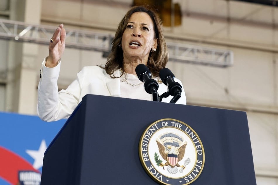 Vice President Kamala Harris speaks during a 2024 presidential campaign rally at Detroit Metropolitan Airport in Michigan.