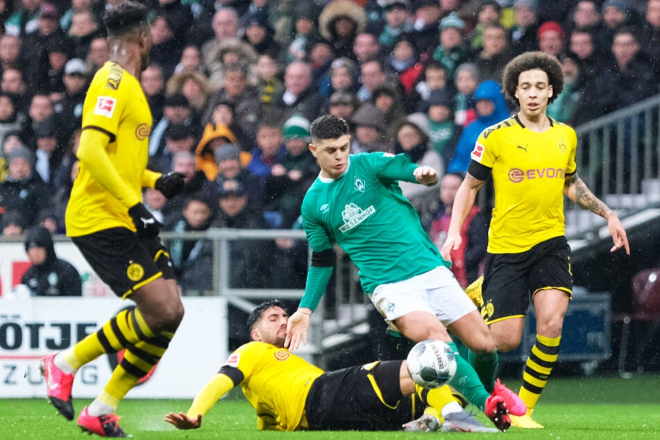 Milot Rashica (Zweiter von rechts) wird von gleich drei Dortmundern bearbeitet: Emre Can grätscht in ihn rein, Axel Witsel (r.) und Dan-Axel Zagadou (l.) sind bereit, einzugreifen.