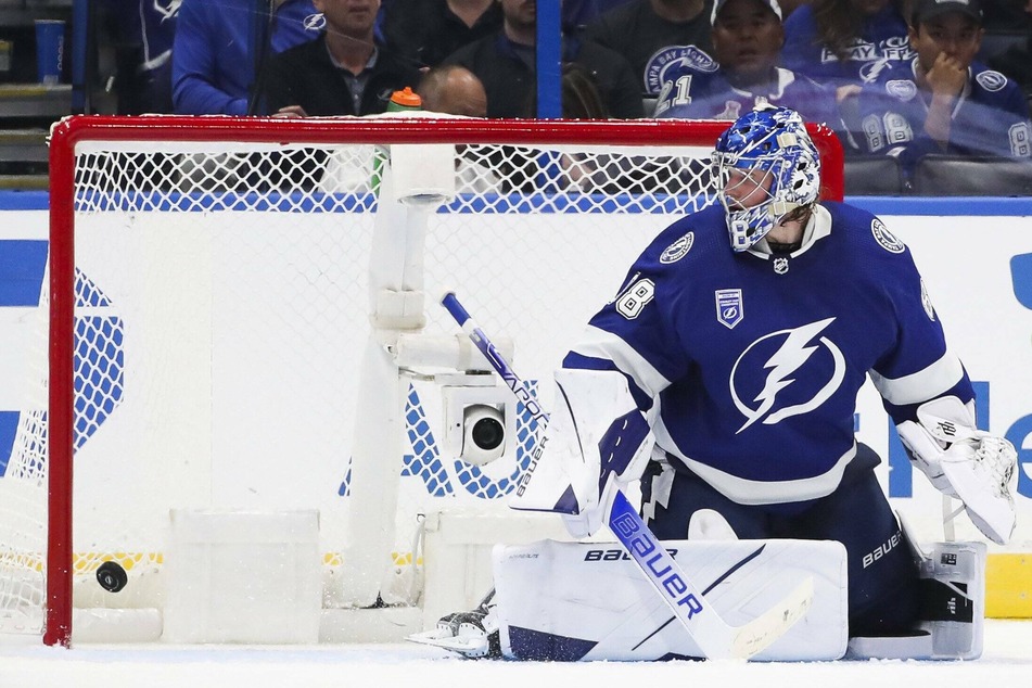 Lightning goaltender Andrei Vasilevskiy looks on as a third goal gets past him on Tuesday night.