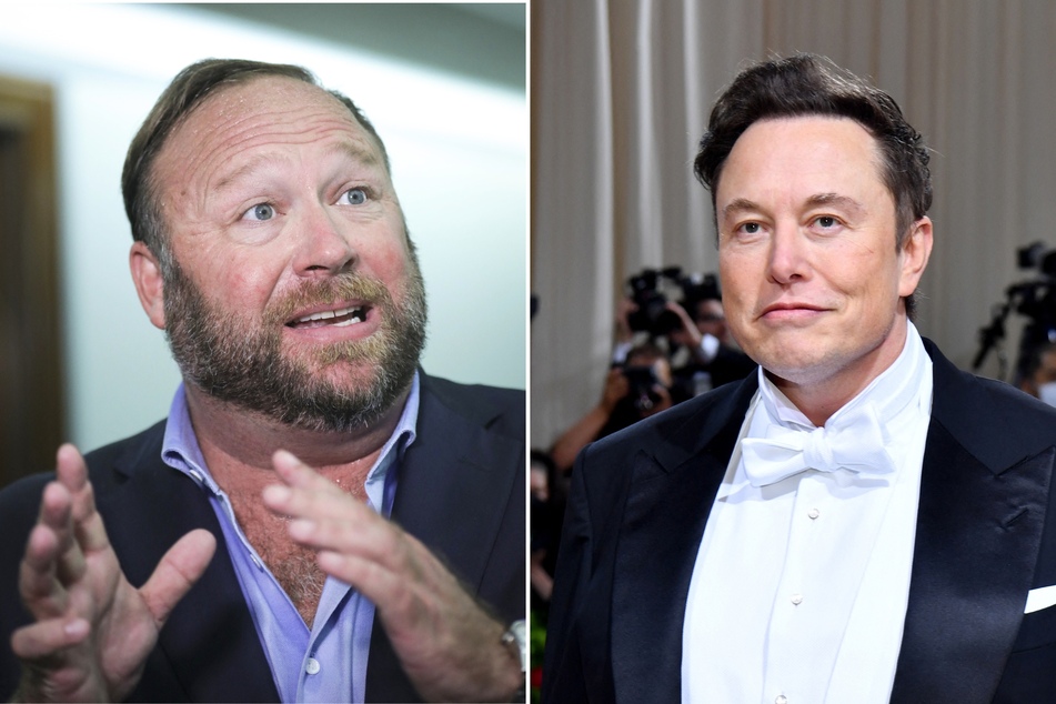Elon Musk (r) has restored Alex Jones's account on his social media platform, X, after conducting a poll that revealed users wanted him back.