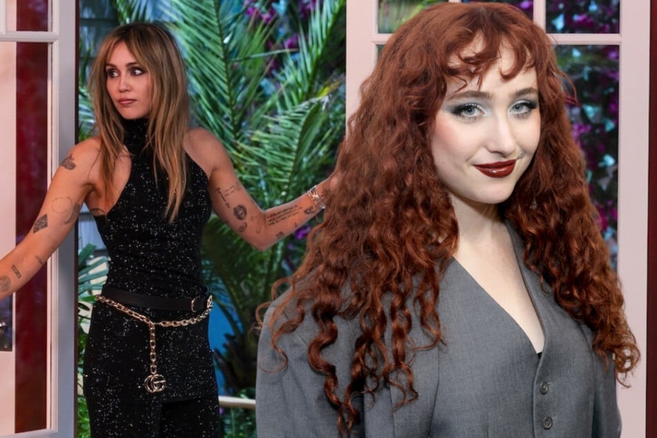 Chappell Roan (r.) got emotional while visiting Miley Cyrus on the set of her Hannah Montana 20th anniversary special on Disney+.