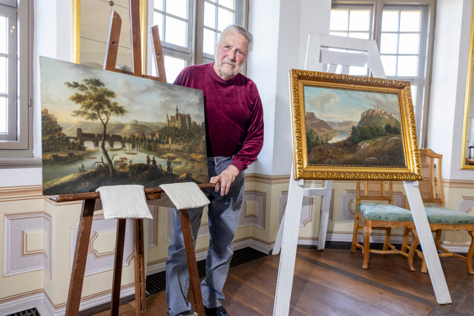 Kunstsammler Wolfgang Donath (79) mit einem seiner prominentesten Werke: "Elbblick auf Meißen mit Albrechtsburg und alter Wohnbrücke".