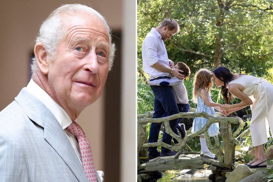 King Charles (l) reunited with his grandchildren during Prince Harry and Meghan Markle's (r) visit to the UK.