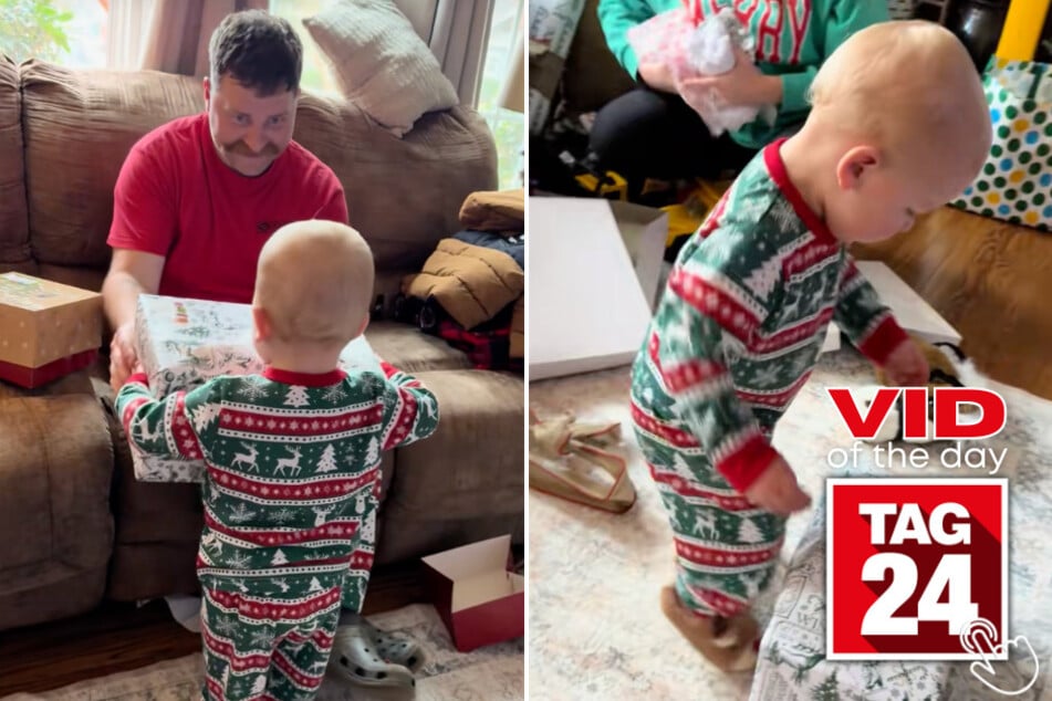 This baby delivered Christmas gifts to his family with so much excitement that he couldn't stop stomping!