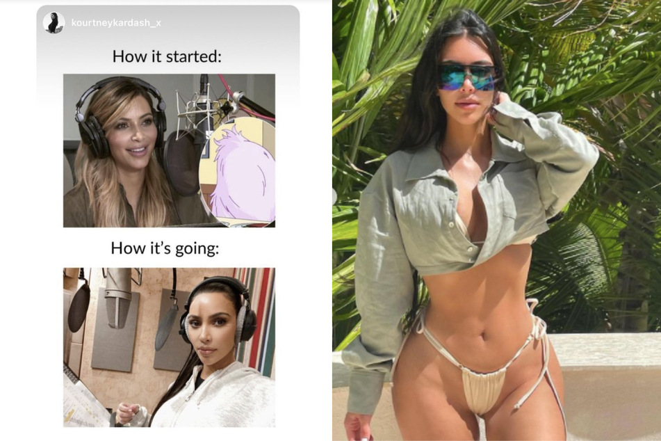 Kim re-posted sister Kourtney's now-and-then compilation of her in the recording booth on Monday (l.). Her newest Instagram post on Tuesday (r.) alluded to a hot summer.
