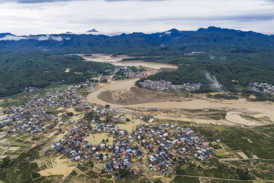 Floodwaters submerge Liulan village in Hengzhou, Nanning, Guangxi Zhuang Autonomous Region of China, amid Typhoon Maysak on July 7, 2026.