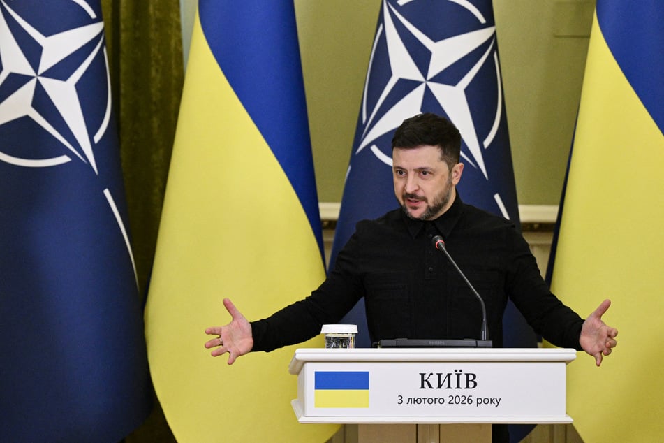 Ukraine's President Volodymyr Zelensky speaks in a press conference with the secretary general of NATO following their meeting in Kyiv on February 3, 2026.