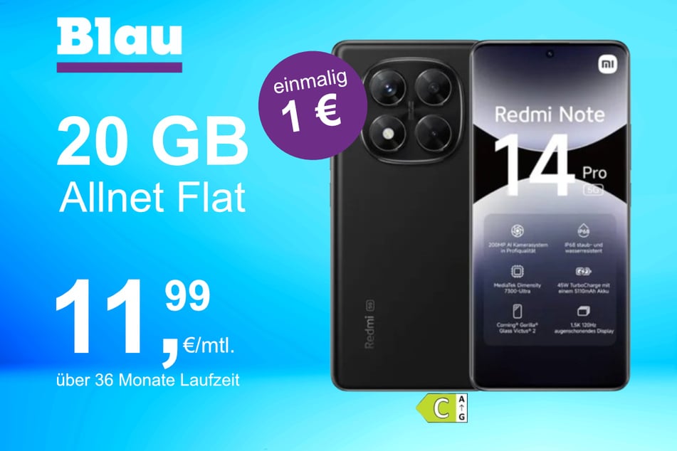 Das Xiaomi Redmi Note 14 Pro im Blau Allnet M für einmalig 1 Euro.