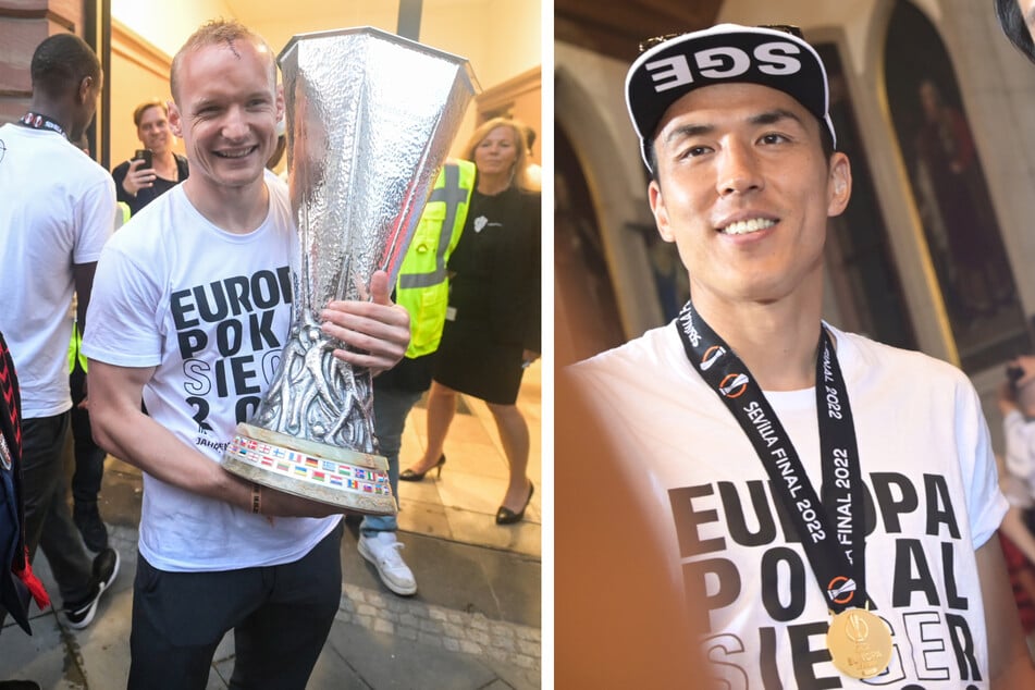 Ihren größten gemeinsamen Erfolg feierten die scheidenden Sebastian Rode (33, l.) und Makoto Hasebe (40) mit dem Titelgewinn der Europa Leauge im Jahr 2022.