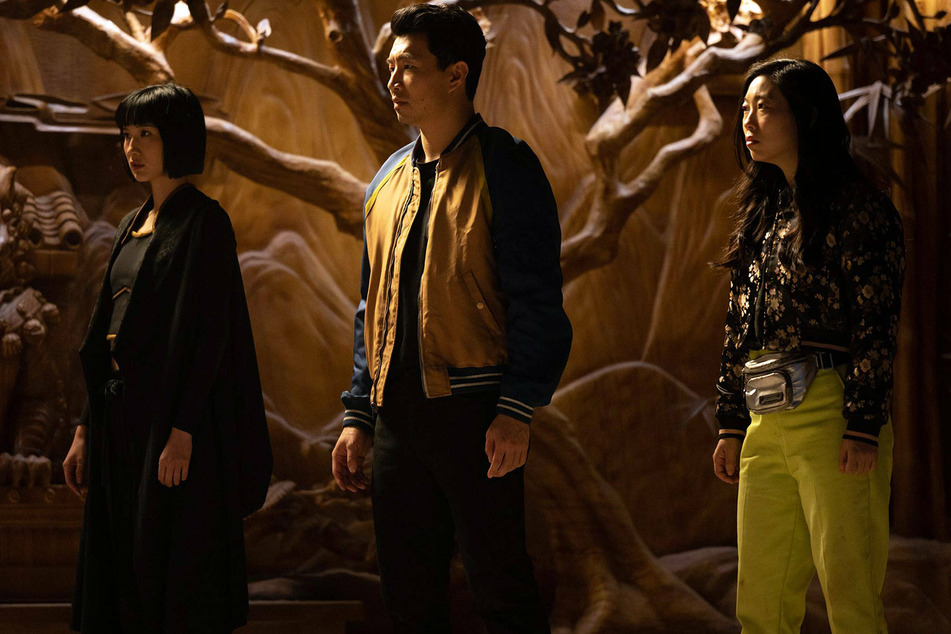 (From l to r:) Meng'er Zhang, Simu Liu, and Awkwafina star as Xialing, Shang-Chi, and Katy, respectively, in Shang-Chi and the Legend of the Ten Rings.