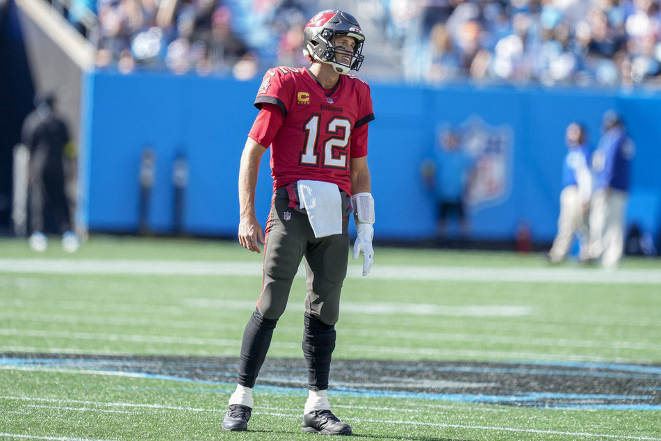 Tampa Bay Buccaneers quarterback Tom Brady reacts to an incomplete pass during the second half against the Carolina Panthers at Bank of America Stadium.