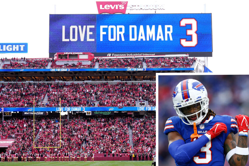 Damar Hamlin (inset) is still in the hospital but is on the mend, as his Buffalo Bills teammates rally around him.