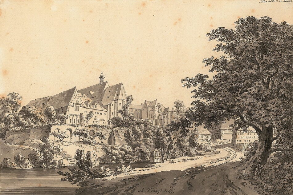 Links eine Schlossberg-Federzeichnung des Schweizer Künstlers Adrian Zingg (1734-1816) von 1774.