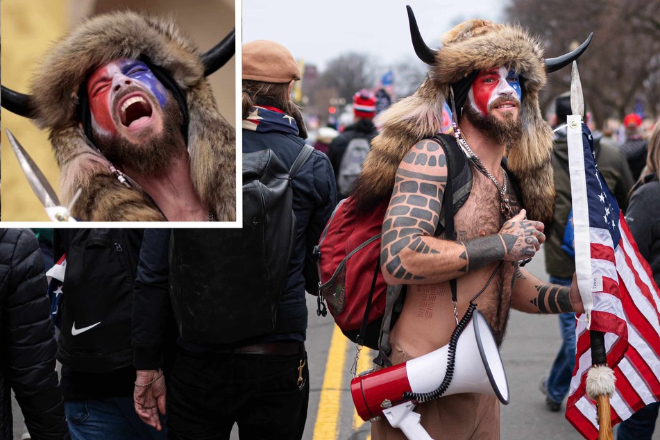 Jacob Chansley, also known as Jake Angeli and the QAnon Shaman, with his staff and headdress on January 3, 2021 (r.) that were confiscated after the storming of the Capitol.