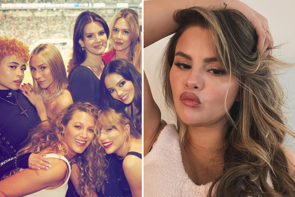 Selena Gomez (r.) left a crying emoji under a post from Taylor Swift (bottom c.)'s Super Bowl suite, leading some to speculate the Disney alum was excluded from the festivities.