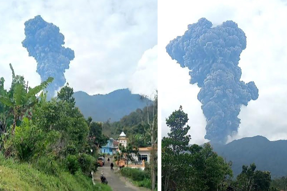 Blick auf die hohe Aschewolke beim Ausbruch des Vulkans Marapi bei Bukiti Tinggi in der Provinz West-Sumatra.