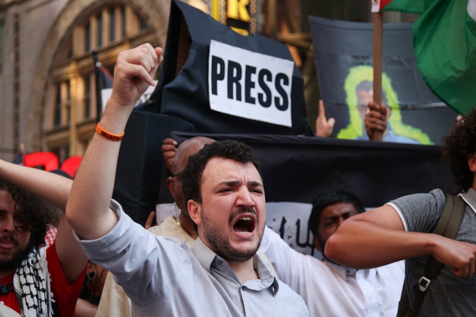 Mahmoud Khalil attends the "Stand with Gaza" protest at Bryant Park in New York City on August 16, 2025.