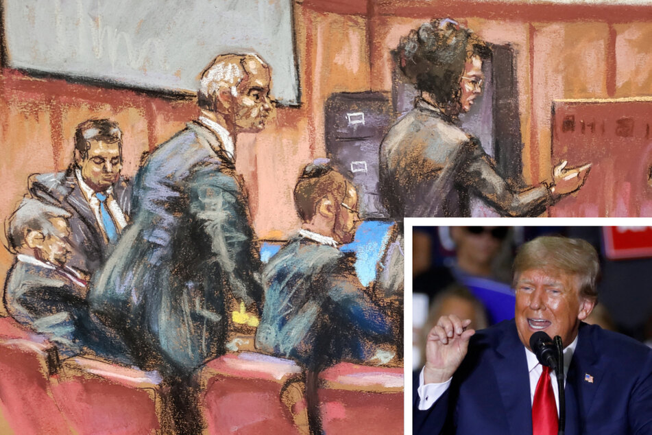 A courtroom sketch showed lawyers for Donald Trump (inset) and the Trump Organization in the company's criminal tax trial in Manhattan Criminal Court on Monday.