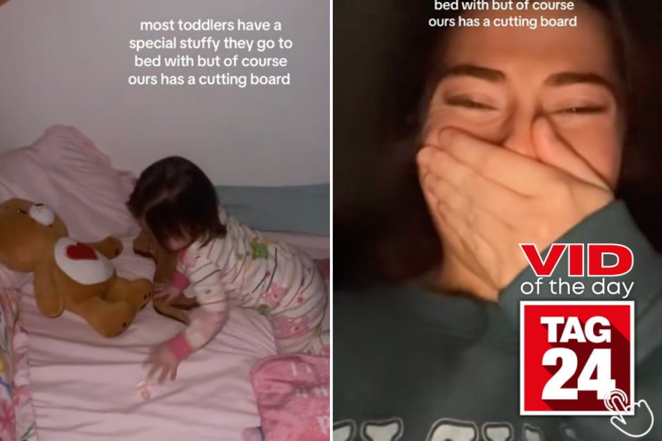 This toddler ditched stuffed animals for a wooden Dachshund-shaped cutting board!