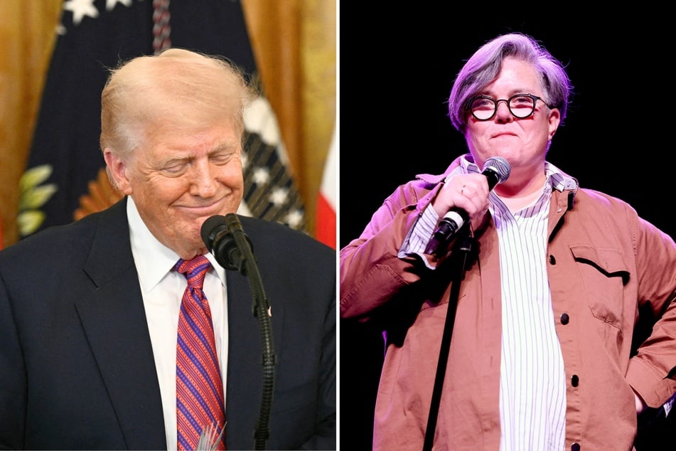 In recent social media posts, Rosie O'Donnell (r.) shared her thoughts about how President Donald Trump (l.) was behind the cancellation of Stephen Colbert's show.