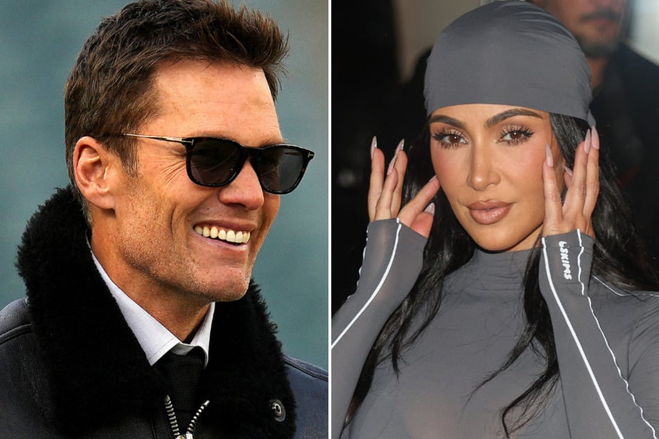 Kim Kardashian (r.) is keeping fans guessing after dodging questions about her rumored romance with Tom Brady on Call Her Daddy.