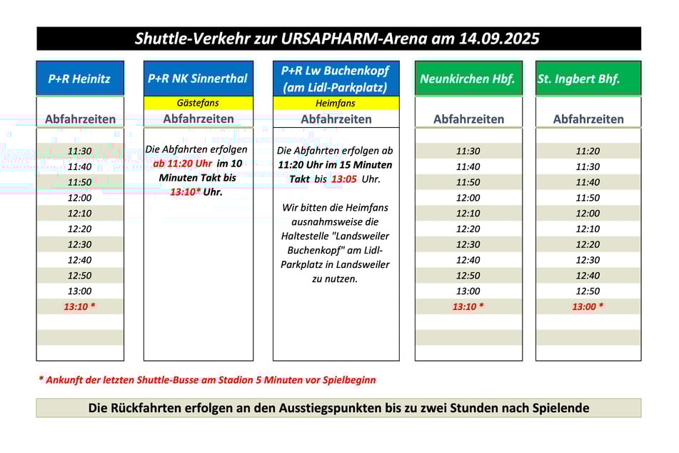 Hier finden Stadionbesucher den Fahrplan der Shuttle-Busse sowie die dazugehörigen Abfahrtszeiten im Überblick.