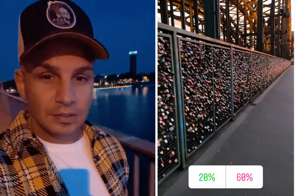 Pietro Lombardi hat einen abendlichen Spaziergang über die Kölner Hohenzollernbrücke gemacht und die Liebesschlösser bestaunt. (Fotomontage)