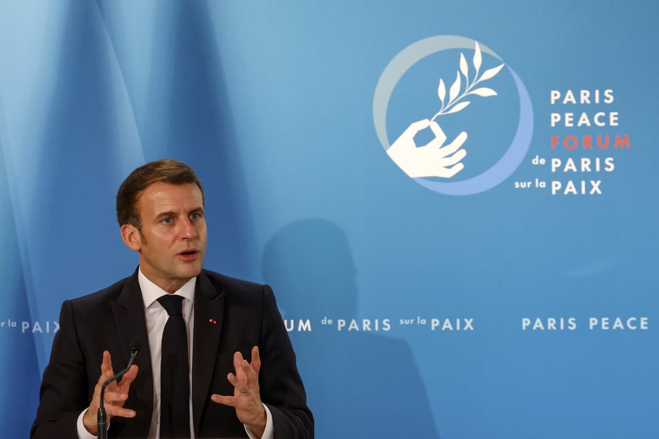Emmanuel Macron, Präsident von Frankreich, äußert sich beim Pariser Friedensforum im Elysee-Palast.
