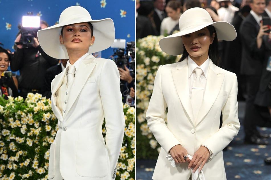 Zendaya (l.) and Anna Sawai attended Monday's Met Gala in nearly identical white suits from different designers.