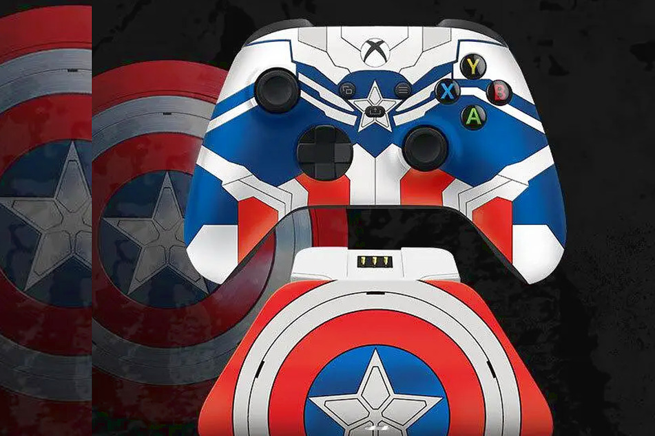 Old meets new with the OG Captain America Shield design on the charging dock and the Falcon twist on the controller.