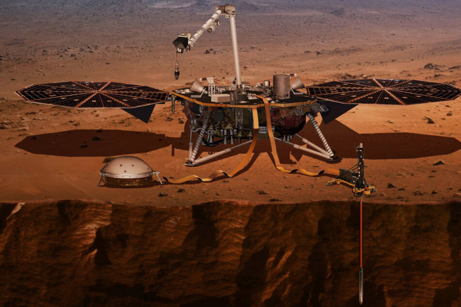 Nach ihrem Start am 5. Mai landete die NASA-Sonde InSight am 26. November 2018 etwas nördlich des Marsäquators und entfaltete seine Solarpanele (Visualisierung).