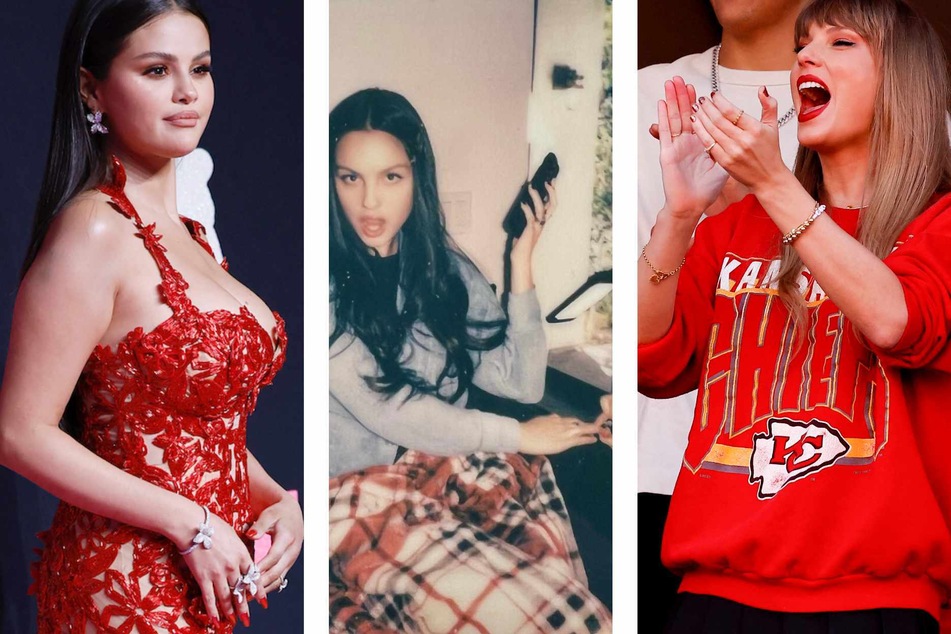 The resurgence of a TikTok viral red nail trend has been seen on the likes of Taylor Swift (r.), Selena Gomez (l.), and Olivia Rodrigo (c.) in the last few months.