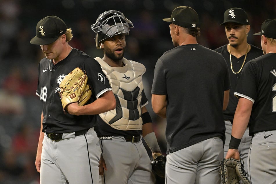 Chicago White Sox starting pitcher Jonathan Cannon is pulled by interim manager Grady Sizemore in the seventh inning against the Los Angeles Angels at Angels Stadium.