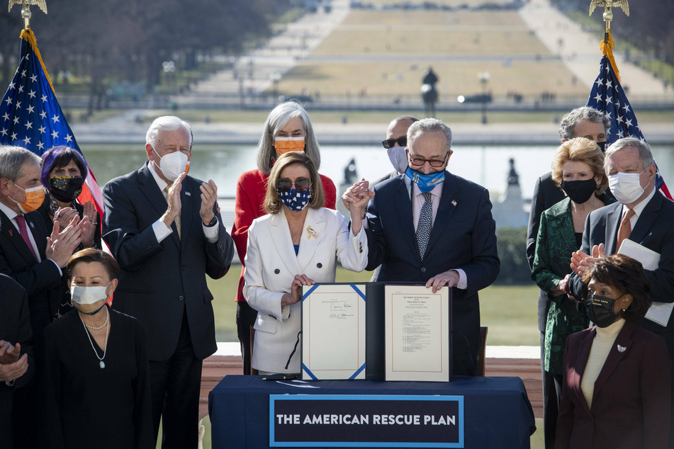 Speaker of the House of Representatives Nancy Pelosi and Senate Majority Leader Chuck Schumer signed the American Rescue Plan Act of 2021 on Wednesday.