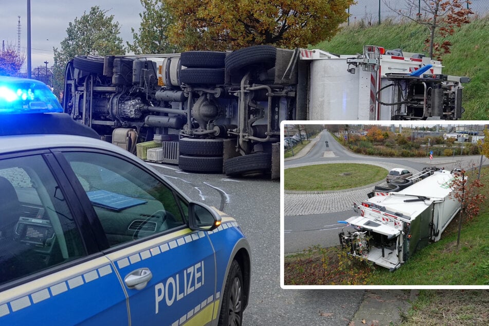 Crash in Kreisverkehr: Müllauto im Dresdner Westen umgekippt